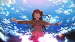 Rule 34 | 10s, 1girl, ^ ^, absurdres, brown hair, closed eyes, highres, idolmaster, idolmaster cinderella girls, long hair, one side up, open mouth, outstretched arms, shimamura uzuki, sky, smile, solo, spread arms, yuuki tatsuya