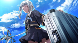 Rule 34 | 1girl, :i, blue bow, blue shirt, blue skirt, bow, bowtie, braid, briefcase, buttons, cloud, cloudy sky, day, dunamis 15, emblem, expressionless, eyebrows, from below, game cg, grey ribbon, hair ribbon, handle, holding, holding briefcase, legs, long braid, long hair, looking at viewer, looking down, miniskirt, nagahama megumi, non-web source, pleated skirt, red eyes, ribbon, school uniform, setsu chihaya, shirt, skirt, sky, solo, striped, upper body, white hair, white shirt
