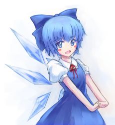 Rule 34 | 1girl, blue eyes, blue hair, blush stickers, bow, cirno, colored eyelashes, dress, graphite (medium), hair bow, highres, ice, ice wings, interlocked fingers, looking at viewer, matching hair/eyes, mixed media, open mouth, own hands clasped, own hands together, ribbon, short hair, sketch, smile, solo, stretching, touhou, traditional media, wings, yuki shizuku