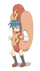 Rule 34 | :3, ahoge, alternate costume, blue eyes, blush stickers, closed mouth, closed eyes, full body, hair between eyes, hot dog, hot dog costume, izumi konata, kneehighs, loafers, lucky star, medium hair, mole, mole under eye, motion lines, shadow, shoes, simple background, socks, solo, standing, tyrone, white background