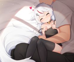 Rule 34 | 1boy, 1girl, ^ ^, animal ears, bell, black camisole, black choker, black pants, black thighhighs, camisole, choker, closed eyes, cuddling, fox ears, fox girl, fox tail, highres, indie virtual youtuber, kamiko kana, meemo, multicolored hair, neck bell, pants, red hair, second-party source, shirt, short sleeves, smile, strap slip, streaked hair, tail, thighhighs, two-tone hair, virtual youtuber, white hair