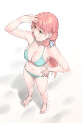Rule 34 | 1girl, akashi (kancolle), bare shoulders, barefoot, bikini, breasts, cleavage, closed mouth, collarbone, commentary, feet, fingernails, from above, green bikini, green eyes, hair ribbon, hand on own hip, highres, kantai collection, large breasts, legs, long hair, looking afar, nail polish, navel, orange nails, ribbon, smile, solo, stomach, swimsuit, thighs, toenail polish, toenails, toes, white ribbon, yuuji (and)