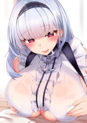 Rule 34 | 1boy, 1girl, absurdres, anchor choker, azur lane, bare shoulders, black hairband, blush, breasts, breasts squeezed together, choker, clothing cutout, commentary request, dido (azur lane), dress, frilled choker, frills, hairband, heart, heart-shaped pupils, highres, huge breasts, implied paizuri, long hair, looking down, red eyes, see-through, silver hair, sleeveless, sleeveless dress, solo focus, symbol-shaped pupils, tongue, tongue out, u ronnta, underboob, underboob cutout