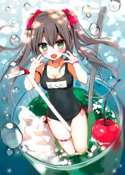 Rule 34 | 1girl, :d, air bubble, bad id, bad pixiv id, bare legs, bare shoulders, barefoot, bendy straw, between legs, black one-piece swimsuit, blush, bow, breasts, brown hair, bubble, cherry, cleavage, collarbone, commentary request, double v, drinking straw, fang, food, fruit, green eyes, hair between eyes, hair bow, hands up, in container, kneeling, long hair, medium breasts, mini person, minigirl, name tag, old school swimsuit, one-piece swimsuit, open mouth, original, red bow, school swimsuit, smile, solo, spoon, swimsuit, twintails, underwater, v, very long hair, water, yadapot