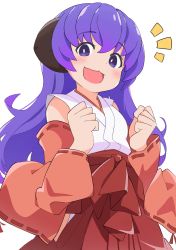 Rule 34 | 1girl, :3, :d, arms up, blush, clenched hands, commentary, detached sleeves, dot nose, excited, hakama, hakama skirt, hanyuu, highres, higurashi no naku koro ni, japanese clothes, long hair, looking at viewer, memoi, miko, open mouth, purple eyes, purple hair, red hakama, ribbon-trimmed sleeves, ribbon trim, shirt, simple background, skirt, smile, solo, white background, white shirt, wide sleeves