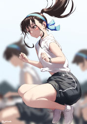 Rule 34 | 3girls, black shorts, blue hairband, blurry, blurry background, blush, brown hair, closed mouth, commentary request, gradient background, hairband, jonsun, jumping, medium hair, multiple girls, original, outdoors, ponytail, shiori (jonsun), shirt, shoes, short sleeves, shorts, sidelocks, sneakers, solo focus, thighs, twitter username, white footwear, white shirt, yellow eyes
