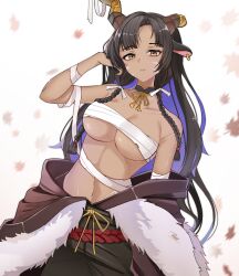 Rule 34 | 1girl, absurdres, animal ears, bare shoulders, black hair, breasts, broken horn, chest sarashi, collarbone, detached collar, earrings, facial scar, fur trim, guardian tales, hand in own hair, highres, horn huntress toga, horns, jewelry, large breasts, linea alba, long hair, looking at viewer, navel, orange eyes, sarashi, scar, scar on cheek, scar on face, scar on stomach, single earring, solo, very long hair, zriel