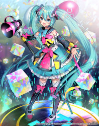Rule 34 | 1girl, :d, ahoge, aqua eyes, aqua hair, artist name, balloon, bow, bow legwear, bowtie, cube, detached sleeves, dress, full body, hair between eyes, hatsune miku, itamidome, long hair, magical mirai (vocaloid), magical mirai miku, magical mirai miku (2018), megaphone, microphone stand, open mouth, outstretched arms, pigeon-toed, sailor collar, smile, solo, spread arms, standing, thighhighs, twintails, very long hair, vocaloid