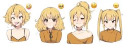 Rule 34 | 4girls, ahoge, anger vein, bandage on face, bandages, bare shoulders, blonde hair, blush, choker, collarbone, collared shirt, cross-eyed, emoji, frown, furrowed brow, hair ornament, hairclip, high ponytail, highres, long hair, milka (milk4ppl), multiple girls, notice lines, off shoulder, one eye closed, open mouth, original, pleading face emoji, ponytail, shirt, short hair, simple background, smile, sweater, tearing up, tears, teeth, tongue, tongue out, turtleneck, turtleneck sweater, twintails, white background, yellow eyes, yellow shirt