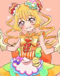 Rule 34 | 1girl, ankle bow, ankle ribbon, apron, blonde hair, blush, bow, brooch, bun cover, commentary request, cure yum-yum, delicious party precure, drill hair, gloves, hanamichi ran, heart, heart brooch, highres, huge bow, jewelry, leg ribbon, long hair, magical girl, orange bow, pre221b, precure, red eyes, ribbon, smile, solo, twin drills, white gloves, white stripes