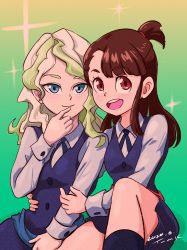 Rule 34 | 2girls, absurdres, blonde hair, blue eyes, brown hair, couple, diana cavendish, hand on another&#039;s shoulder, happy, highres, kagari atsuko, little witch academia, long hair, luna nova school uniform, multicolored hair, multiple girls, open mouth, red eyes, school uniform, smile, tsunemoku, two-tone hair, uniform, watermark, wavy hair, yuri