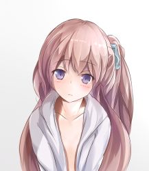 Rule 34 | 1girl, blush, brown hair, long hair, looking at viewer, open clothes, open shirt, purple eyes, shirt, simple background, solo, wingheart