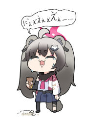 Rule 34 | 1girl, ahoge, animal ear fluff, animal ears, black footwear, black pantyhose, black scarf, black sleeves, blue archive, blue skirt, chibi, closed eyes, crying, detached sleeves, food, full body, grey hair, grey shirt, halo, holding, holding food, ice cream, ice cream cone, long hair, michiru (blue archive), nyaru (nyaru 4126), open mouth, pantyhose, pleated skirt, raccoon ears, raccoon girl, raccoon hair ornament, raccoon tail, scarf, shirt, shoes, short eyebrows, simple background, single detached sleeve, single leg pantyhose, single sleeve, skirt, soft serve, solo, spill, standing, tail, tears, thick eyebrows, twintails, very long hair, white background