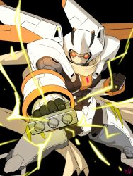 Rule 34 | alternate color, black background, brass knuckles, clenched hand, clenched hands, doyouwantto, duel monster, electricity, joints, junk warrior, mechanical wings, no humans, robot joints, scarf, senki zesshou symphogear, tachibana hibiki (symphogear), weapon, wings, yu-gi-oh!, yu-gi-oh! 5d&#039;s