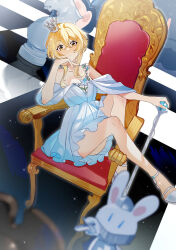 Rule 34 | 1girl, alternate costume, bare legs, bare shoulders, blonde hair, blue dress, blurry, board game, checkered floor, chess, chess piece, chessboard, closed mouth, collar, crown, depth of field, dress, elbow rest, flower, full body, genshin impact, hair between eyes, hand up, head rest, highres, holding, holding scepter, knees up, knight (chess), lily (flower), looking at viewer, lumine (genshin impact), mini crown, off-shoulder dress, off shoulder, outstretched arm, scepter, shoes, short dress, short hair, silver footwear, sitting, solo, sparkle, throne, yaner 10, yellow eyes