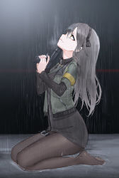 Rule 34 | 1girl, absurdres, bags under eyes, black hair, black pantyhose, brown eyes, closed mouth, commentary, eun bari, from side, full body, girls&#039; frontline, glock, gun, gun to head, hair between eyes, hairband, handgun, highres, holding, holding gun, holding weapon, light smile, long hair, long sleeves, looking up, pantyhose, pistol, profile, rain, sitting, solo, star-shaped pupils, star (symbol), suicide, symbol-shaped pupils, thigh strap, ump40 (girls&#039; frontline), vest, wariza, weapon