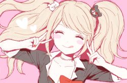 Rule 34 | 1girl, artist request, bad drawr id, bad id, bear hair ornament, black shirt, blush stickers, bow, closed eyes, collarbone, danganronpa: trigger happy havoc, danganronpa (series), double v, enoshima junko, facing viewer, hair ornament, long hair, oekaki, pink background, red bow, red nails, shirt, shirt bow, sidelocks, simple background, sleeves rolled up, solo, tongue, tongue out, twintails, upper body, v