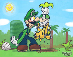 Rule 34 | 2boys, angry, angry sun, blue sky, claws, facial hair, food, frown, full body, gloves, grabbing another&#039;s hair, hat, hill, iggy koopa, luigi, mario (series), multiple boys, mustache, nervous smile, nintendo, overalls, sky, smile, spikes, super mario bros. 2, super mario bros. 3, sweat, thebourgyman, tree, vegetable