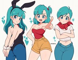 Rule 34 | 1girl, absurdres, alternate costume, animal ears, aqua hair, artist name, bandana, bare shoulders, black leotard, blue eyes, blue pants, blue pantyhose, breasts, bulma, cleavage, cremanata, crossed arms, denim, detached collar, dragon ball, grid background, heart, highres, jeans, leotard, long hair, looking at viewer, midriff, multiple views, navel, open mouth, orange shorts, pants, pantyhose, playboy bunny, pointing, pout, rabbit ears, rabbit tail, red bandana, red shirt, shirt, short hair, short shorts, short sleeves, shorts, sparkle, strapless, strapless shirt, tail, teeth, upper teeth only, white background, white shirt, white wrist cuffs, wrist cuffs