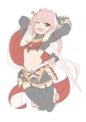 Rule 34 | 1boy, adapted costume, astolfo (fate), black thighhighs, boots, braid, cape, capelet, fang, fate/apocrypha, fate (series), full body, garter straps, hair ribbon, long hair, looking at viewer, male focus, masabodo, navel, open mouth, pink hair, purple eyes, ribbon, single braid, sketch, smile, solo, thighhighs, trap, white footwear