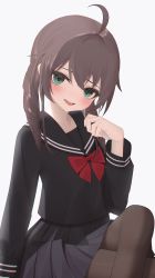 Rule 34 | 1girl, absurdres, ahoge, black bow, black bowtie, black sailor collar, black serafuku, black shirt, black skirt, blush, bow, bowtie, brown hair, brown pantyhose, commentary request, crossed legs, green eyes, hand up, highres, hololive, long hair, long sleeves, natsuiro matsuri, open mouth, pantyhose, red bow, red bowtie, sailor collar, school uniform, serafuku, shirt, simple background, sitting, skirt, smile, solo, teeth, thomas 8000, upper teeth only, virtual youtuber, white background