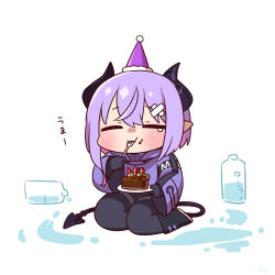 Rule 34 | 1girl, black bodysuit, black footwear, blush, bodysuit, boots, cake, cake slice, chibi, closed eyes, commentary request, demon horns, demon tail, eating, food, food on face, fork, full body, hair ornament, hat, highres, holding, holding fork, holding plate, hood, hood down, hooded jacket, horns, indie virtual youtuber, jacket, kobachi k 88, long sleeves, lotion bottle, mimic (vtuber), party hat, plate, pointy ears, purple hair, purple jacket, seiza, short hair, simple background, sitting, solo, spill, tail, tearing up, translation request, virtual youtuber, white background, x hair ornament