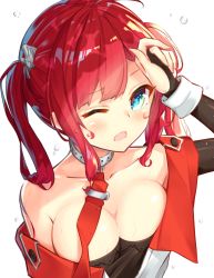 Rule 34 | 1girl, azur lane, bare shoulders, blue eyes, blush, breasts, cleavage, highres, looking at viewer, medium breasts, necktie, one eye closed, open mouth, red hair, red necktie, san diego (azur lane), solo, tagme, twintails, upper body, white background, wince