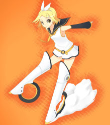 Rule 34 | 1girl, blonde hair, bow, detached sleeves, female focus, kagamine rin, parody, powhu, short hair, solo, strike witches, striker unit, vocaloid, world witches series, yellow eyes