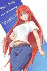Rule 34 | 00s, 1girl, anniversary, aozaki aoko, bad id, bad pixiv id, belt, blue eyes, blush, breasts, denim, female focus, hair intakes, hand on own hip, jeans, kaname1341, large breasts, long hair, melty blood, navel, pants, red hair, shirt, solo, t-shirt, thank you, tsukihime, very long hair