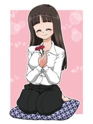 Rule 34 | 1girl, barefoot, black hair, black pants, blunt bangs, blunt ends, carnation, closed eyes, closed mouth, collared shirt, commentary, cushion, dress shirt, facing viewer, flower, girls und panzer, holding, holding flower, long hair, long sleeves, mature female, nishizumi shiho, outline, outside border, pants, pink background, red flower, seiza, shippou (pattern), shirt, sitting, smile, solo, straight hair, takahashi kurage, unmoving pattern, white outline, white shirt, wing collar, zabuton