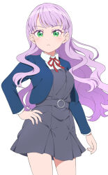 Rule 34 | 1girl, blush, braid, closed mouth, commentary, fingernails, green eyes, hair flowing over, hand on own hip, highres, jenny (je2live), lips, long hair, looking at viewer, love live!, love live! superstar!!, purple hair, school uniform, serious, side braid, solo, wavy hair, white background, wien margarete, yuigaoka school uniform