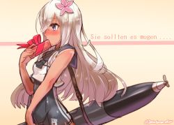 Rule 34 | 10s, 1girl, bad id, bad pixiv id, blonde hair, blue eyes, crop top, flower, german text, gift, hair flower, hair ornament, kantai collection, kt. (kaisou-notagui), lifebuoy, long hair, ranguage, ro-500 (kancolle), sailor collar, school swimsuit, swim ring, swimsuit, swimsuit under clothes, tan, tanline, torpedo