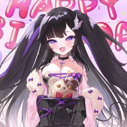 Rule 34 | 1girl, absurdres, artist request, birthday cake, black choker, black dress, black hair, blush, bow, breasts, cake, candle, choker, cleavage, collarbone, confetti, cross-laced clothes, cross-laced dress, dress, eyelashes, feather boa, food, happy birthday, highres, large breasts, long hair, moon momo, multicolored hair, open mouth, purple bow, purple eyes, purple hair, purple ribbon, ribbon, second-party source, sleeves past wrists, streaked hair, twintails, virtual youtuber, vlyz, wing hair ornament