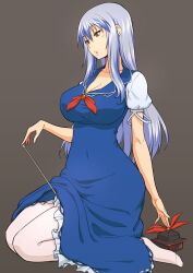Rule 34 | 1girl, blue dress, blue hair, brown background, commentary request, dress, full body, highres, kakone, kamishirasawa keine, kneeling, long hair, neckerchief, open mouth, red eyes, red neckerchief, short sleeves, simple background, sitting, solo, touhou, unworn headwear
