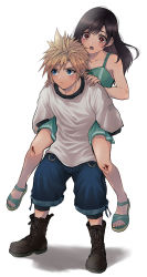Rule 34 | 1boy, 1girl, :o, absurdres, aged down, ankle boots, bandaid, bandaid on leg, beckey9415, black hair, bleeding, blonde hair, blood, blood on leg, blue eyes, blush, boots, brown eyes, brown footwear, carrying, cloud strife, collarbone, commentary request, cross-laced footwear, denim, final fantasy, final fantasy vii, frown, full body, green tank top, highres, injury, long hair, looking to the side, lower teeth only, open mouth, pants, piggyback, shirt, short hair, shorts, simple background, smile, tank top, teeth, tifa lockhart, white background, white shirt
