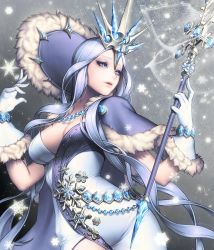 Rule 34 | 1girl, alternate costume, blue eyes, breasts, card (medium), chaos online, gloves, herjuna, jewelry, long hair, love cacao, necklace, official art, purple hair, snowflakes, solo, staff, very long hair