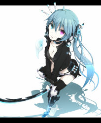 Rule 34 | 10s, 1girl, belt, bikini, bikini top only, black rock shooter, black thighhighs, blue hair, floating screen, from above, heterochromia, highres, holographic monitor, letterboxed, long hair, ogipote, original, science fiction, shadow, shorts, simple background, solo, swimsuit, sword, thighhighs, twintails, weapon