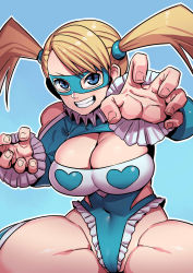 Rule 34 | 1girl, blonde hair, blue eyes, blue leotard, breasts, cleavage, highres, large breasts, leotard, long hair, looking at viewer, mask, rainbow mika, simple background, smile, solo, street fighter, street fighter zero (series), tukiwani, twintails, wrestling outfit