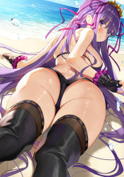 Rule 34 | 1girl, :o, ass, bare shoulders, bb (fate), bb (fate) (all), bb (swimsuit mooncancer) (fate), bb (swimsuit mooncancer) (second ascension) (fate), beach, bikini, black gloves, black thighhighs, blush, breasts, day, dutch angle, fate/grand order, fate (series), fingerless gloves, from behind, gaou (umaiyo puyoman), gloves, hair ribbon, highres, horizon, large breasts, long hair, looking at viewer, looking back, micro shorts, ocean, outdoors, parted lips, purple bikini, purple eyes, purple hair, ribbon, shorts, sideboob, sidelocks, solo, star (symbol), swimsuit, thighhighs, very long hair, water drop, wet