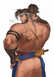 Rule 34 | 1boy, ass, back, back focus, bandaged arm, bandages, bara, beard, brown hair, character request, copyright request, cross scar, facial hair, feet out of frame, from behind, headband, highres, kuroshima kurishiro (muyi24108414), looking at viewer, looking back, male focus, mature male, medium hair, muscular, muscular male, no pants, pelvic curtain, ponytail, scar, scar on back, smile, solo, sword, sword behind back, thighs, topless male, weapon