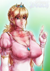 Rule 34 | 1girl, alternate hairstyle, blonde hair, blue eyes, breasts, choker, cleavage, collarbone, covered erect nipples, crown, dress, elbow gloves, female focus, gem, gloves, large breasts, long hair, mario (series), mini crown, nintendo, no bra, pink dress, princess peach, solo, sparrow (jj2oxx), taut clothes, taut dress, white gloves