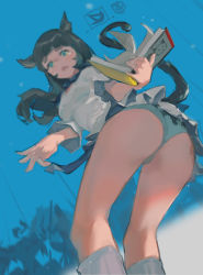 Rule 34 | 1girl, absurdres, animal ears, ass, warrior of light (ff14), bare legs, black hair, blue background, blue eyes, blue panties, book, cat ears, cat girl, cat tail, chinese commentary, commentary request, embarrassed, feet out of frame, final fantasy, final fantasy xiv, from below, highres, holding, holding book, long hair, looking at viewer, miqo&#039;te, open mouth, panties, shirt, skirt, solo, tail, tearing up, tears, underwear, white shirt, white skirt, zygocactus