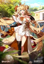 Rule 34 | 1girl, animal ears, blonde hair, blue eyes, blue sky, breasts, cleavage, destiny child, dog, dog ears, elbow gloves, flower, gloves, hair flower, hair ornament, happy, highres, large breasts, lassie (destiny child), long hair, looking at viewer, sky, tail, thighhighs, twintails