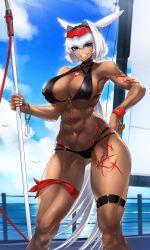 Rule 34 | 1girl, abs, animal ears, bare shoulders, bikini, bird, black bikini, black headband, blue eyes, blue sky, body markings, bracelet, breasts, caenis (fate), caenis (swimsuit rider) (fate), caenis (swimsuit rider) (first ascension) (fate), casul, cleavage, cloud, cloudy sky, collarbone, covered erect nipples, eyewear on head, fate/grand order, fate (series), gluteal fold, grin, hairband, headband, highres, jewelry, large breasts, long hair, looking at viewer, muscular, muscular female, nail polish, navel, ocean, polearm, sky, smile, solo, sunglasses, swimsuit, thigh strap, thighs, very long hair, weapon, white hair, white nails, wristband