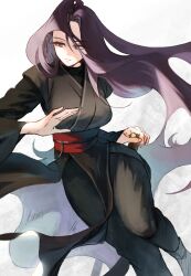 Rule 34 | 1girl, black hair, black pants, black undershirt, breasts, closed mouth, expressionless, floating hair, hand on hilt, highres, large breasts, leg up, long hair, long sleeves, looking to the side, oribalsick, pants, red sash, return of the mount hua sect, sash, shoes, solo, uniform, white background, yu iseol (return of the mount hua sect)