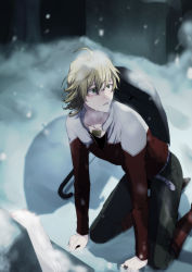 Rule 34 | 10s, ane (artist), barnaby brooks jr., belt, blonde hair, boots, glasses, grave, green eyes, highres, jacket, jewelry, kneeling, male focus, necklace, red jacket, shadow, snow, snowing, solo, spoilers, studded belt, tiger &amp; bunny, umbrella