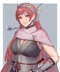 Rule 34 | 1girl, artist name, breasts, cape, cherche (fire emblem), cleavage, cm lynarc, commentary, female focus, fire emblem, fire emblem awakening, fire emblem heroes, grey background, grey hairband, grey kimono, grey sash, hairband, highres, japanese clothes, kimono, large breasts, long hair, looking at viewer, matching hair/eyes, nintendo, obi, official alternate costume, pink cape, pink eyes, pink hair, sash, signature, simple background, sleeveless, sleeveless kimono, smile, solo, upper body, very long hair