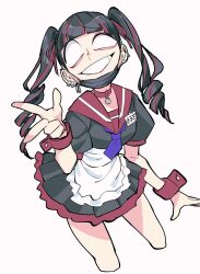 Rule 34 | 1girl, apron, ascot, bags under eyes, barbell piercing, black hair, black skirt, boby oreon, choker, crazy, crazy eyes, crazy smile, cropped legs, drill hair, ear piercing, grin, highres, looking at viewer, mask, mask pull, mouth mask, multicolored hair, name tag, original, pendant choker, piercing, puffy short sleeves, puffy sleeves, purple ascot, sanpaku, short sleeves, simple background, skirt, small pupils, smile, solo, streaked hair, surgical mask, twin drills, twintails, v, white apron, white background, wide-eyed, wrist cuffs