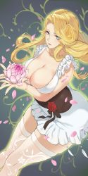 Rule 34 | 1girl, absurdres, ass, black ribbon, blonde hair, blue eyes, breasts, character request, cleavage, corset, cyphers, dress, drill hair, flower, frilled dress, frills, heiyu, highres, holding, holding flower, large breasts, lipstick, long hair, looking at viewer, lotus, makeup, nail polish, parted lips, petals, pink flower, print thighhighs, red flower, red lips, red rose, ribbon, rose, sash, short dress, solo, taut clothes, taut dress, thighhighs, white dress, white thighhighs, zettai ryouiki