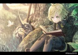 Rule 34 | 1girl, :o, ahoge, animal, black jacket, black shorts, blonde hair, book, brown pantyhose, bug, butterfly, commentary request, day, grass, hair between eyes, highres, hoshizaki reita, insect, jacket, letterboxed, long sleeves, looking away, looking down, male focus, open book, outdoors, pantyhose, parted lips, pinocchio (sinoalice), reading, short shorts, shorts, signature, sinoalice, sitting, solo, tree, twitter username, yellow eyes